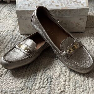 Calvin Klein Metallic Gold Leather Loafers with Chain Accent